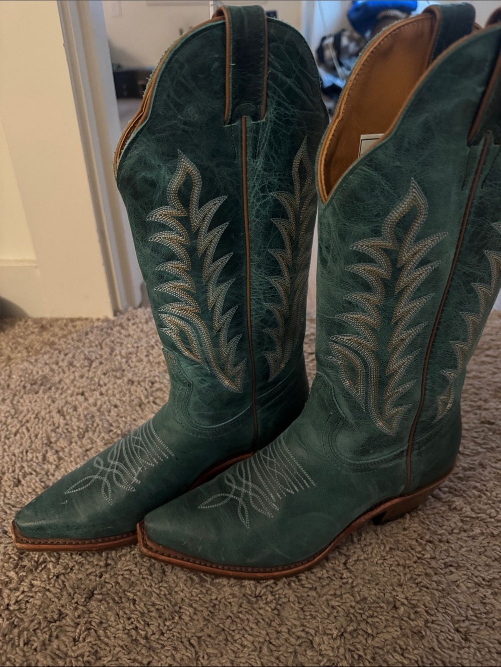 Women's Teal Embroidered Western Heeled Boots